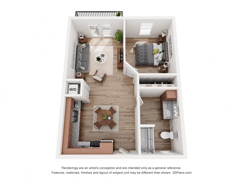 a stylized floor plan with a bedroom and a living room